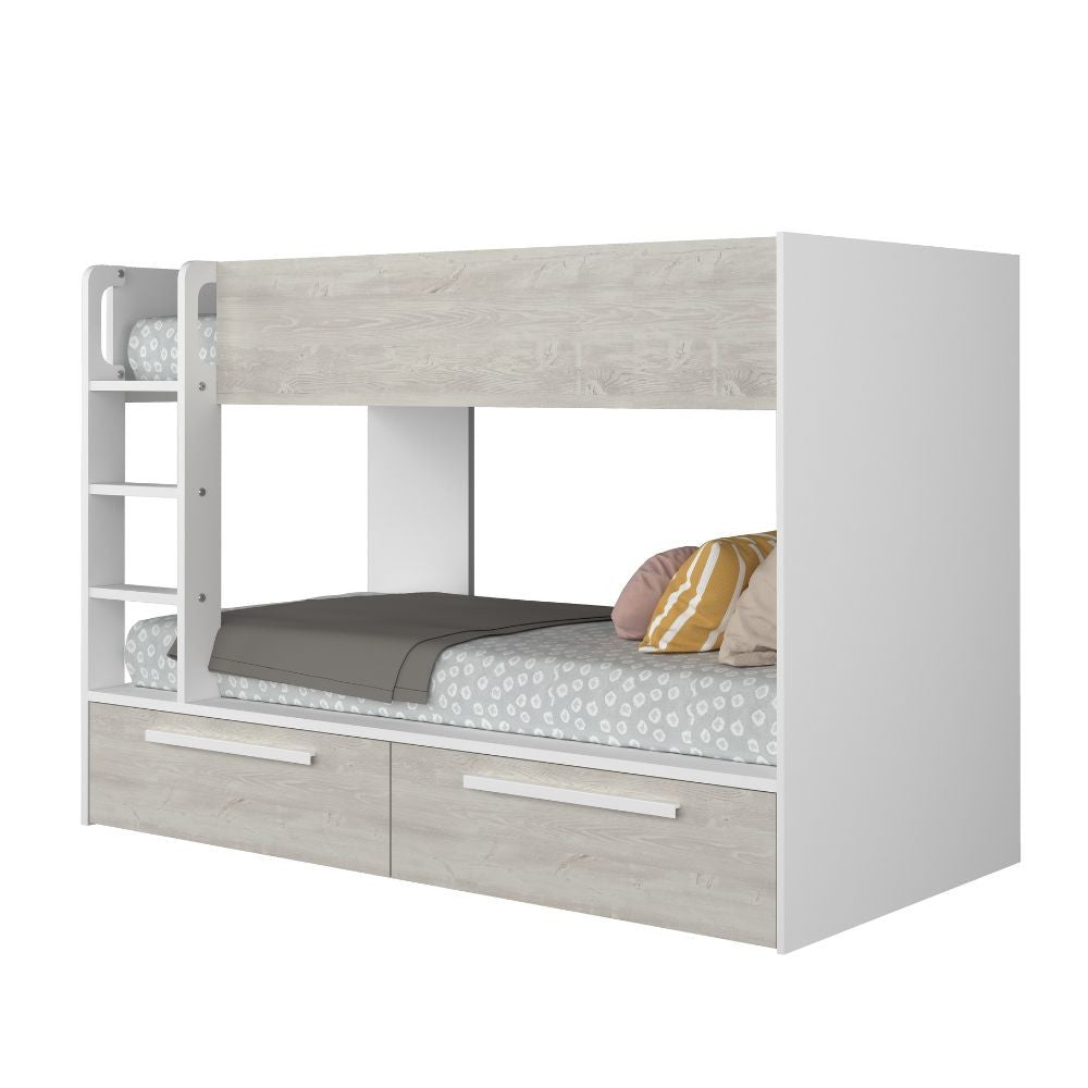 Cameretta con letto a castello con cassettoni colore bianco consumato e bianco reversibile