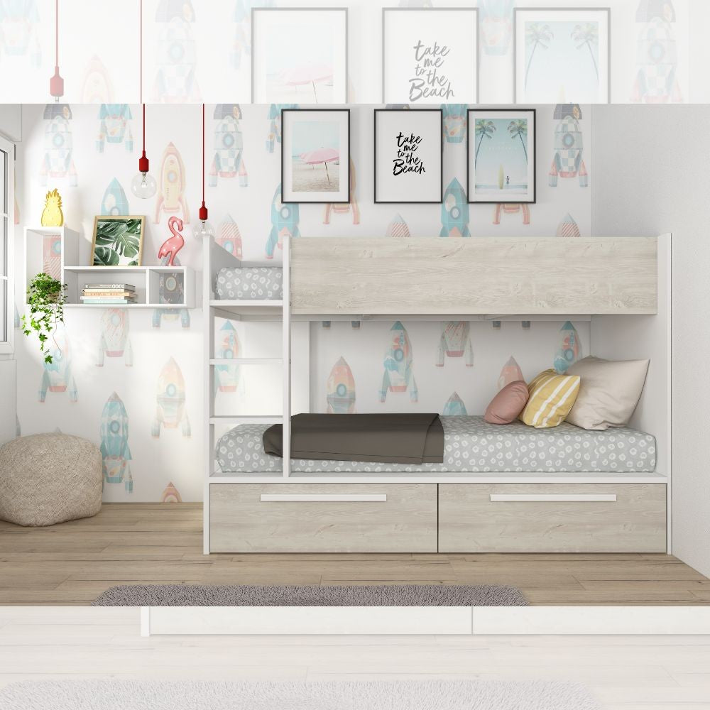 Cameretta con letto a castello con cassettoni colore bianco consumato e bianco reversibile