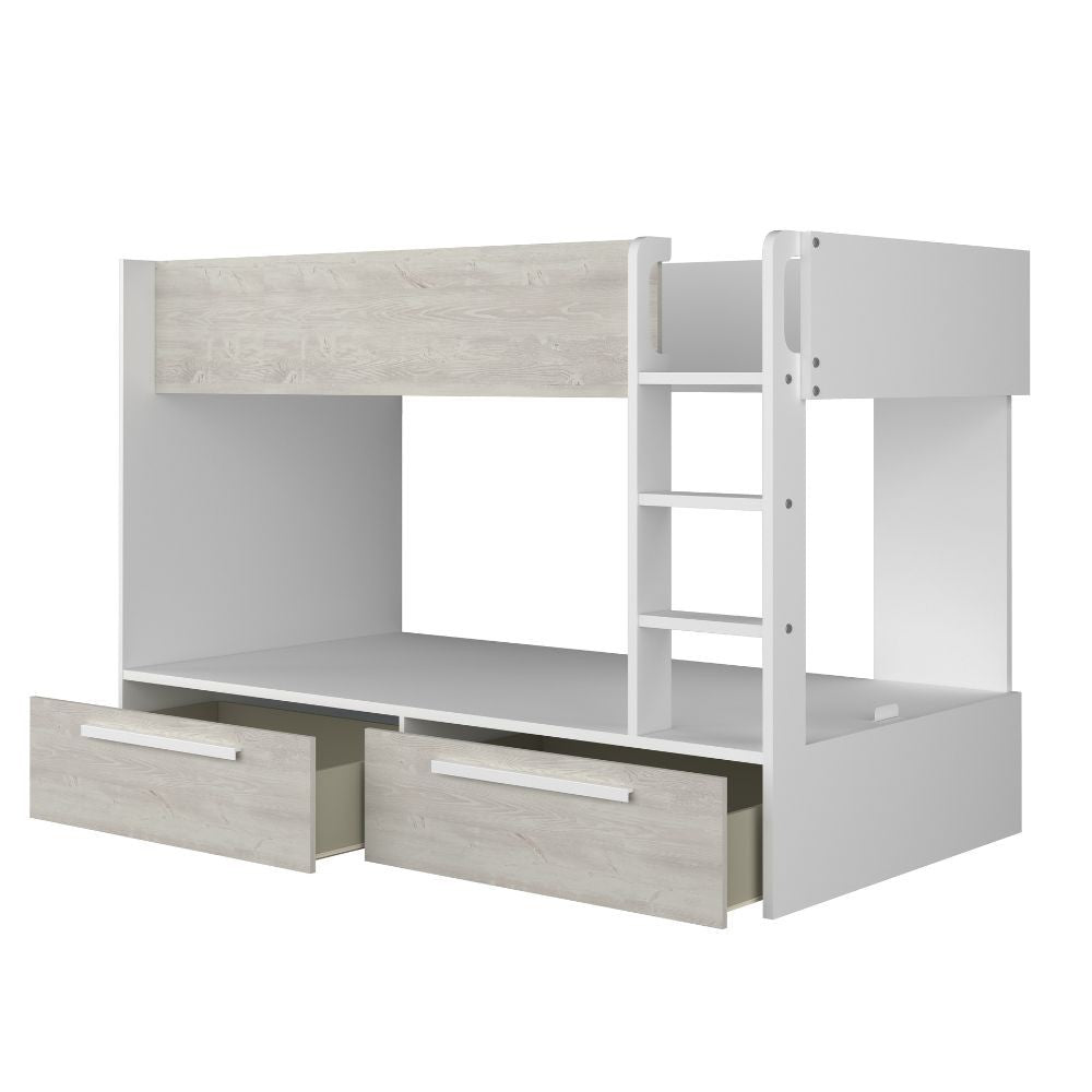 Cameretta con letto a castello con cassettoni colore bianco consumato e bianco reversibile