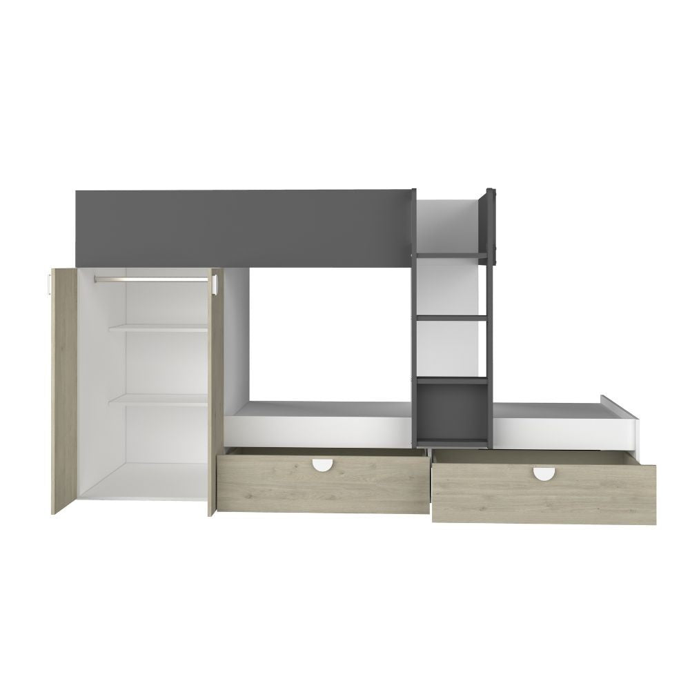Cameretta con letto a castello con cassettoni e armadio reversibile colore rovere e antracite