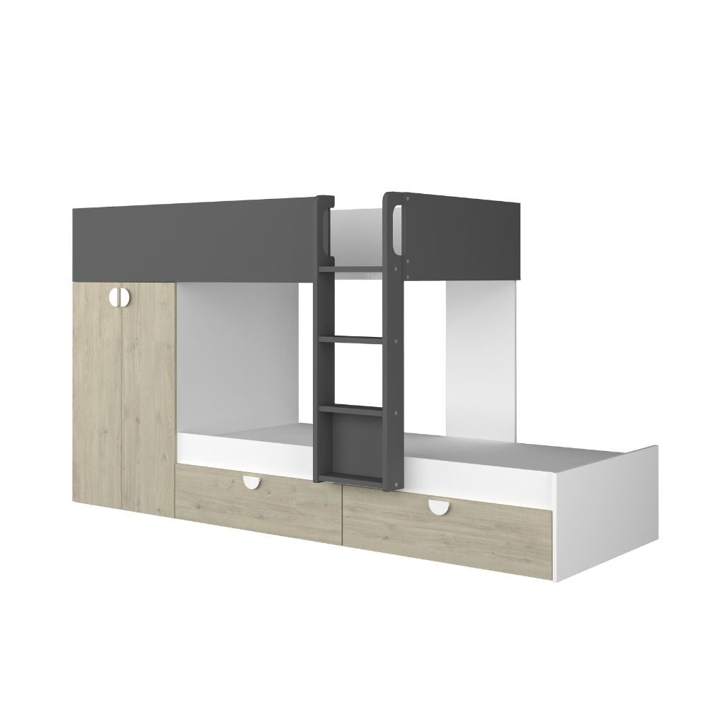 Cameretta con letto a castello con cassettoni e armadio reversibile colore rovere e antracite