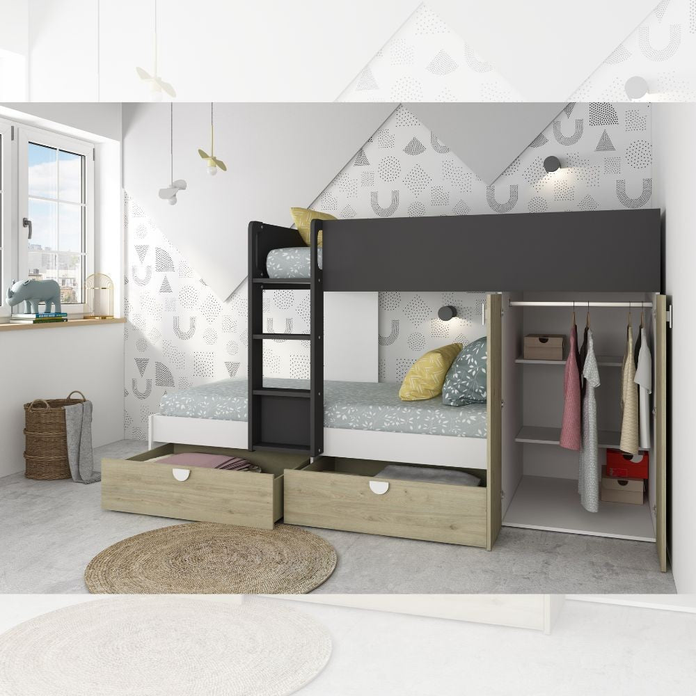 Cameretta con letto a castello con cassettoni e armadio reversibile colore rovere e antracite