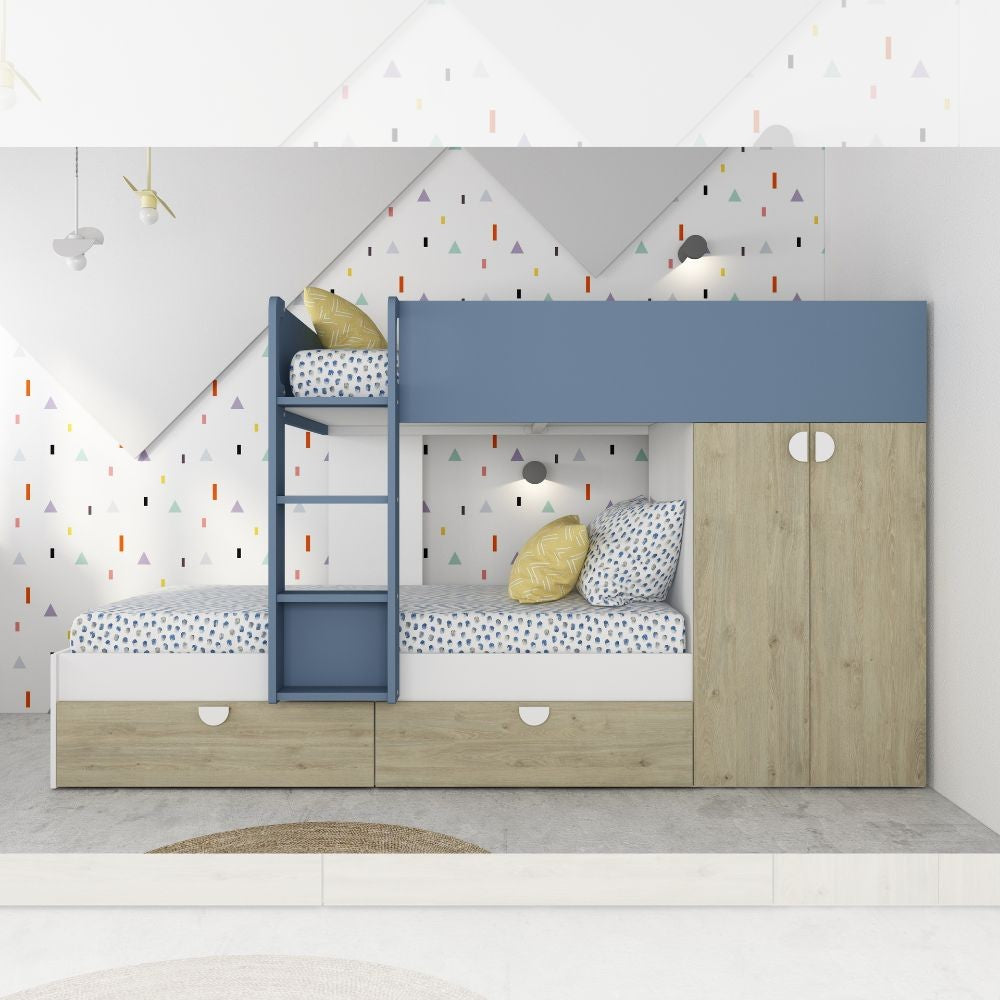 Cameretta con letto a castello con cassettoni e armadio reversibile colore rovere e azzurro