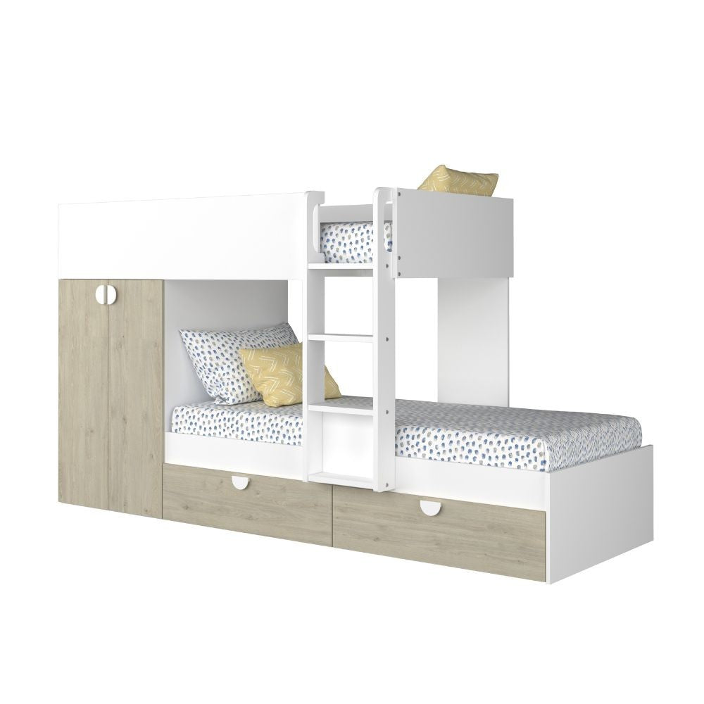 Cameretta con letto a castello con cassettoni e armadio reversibile colore rovere e bianco