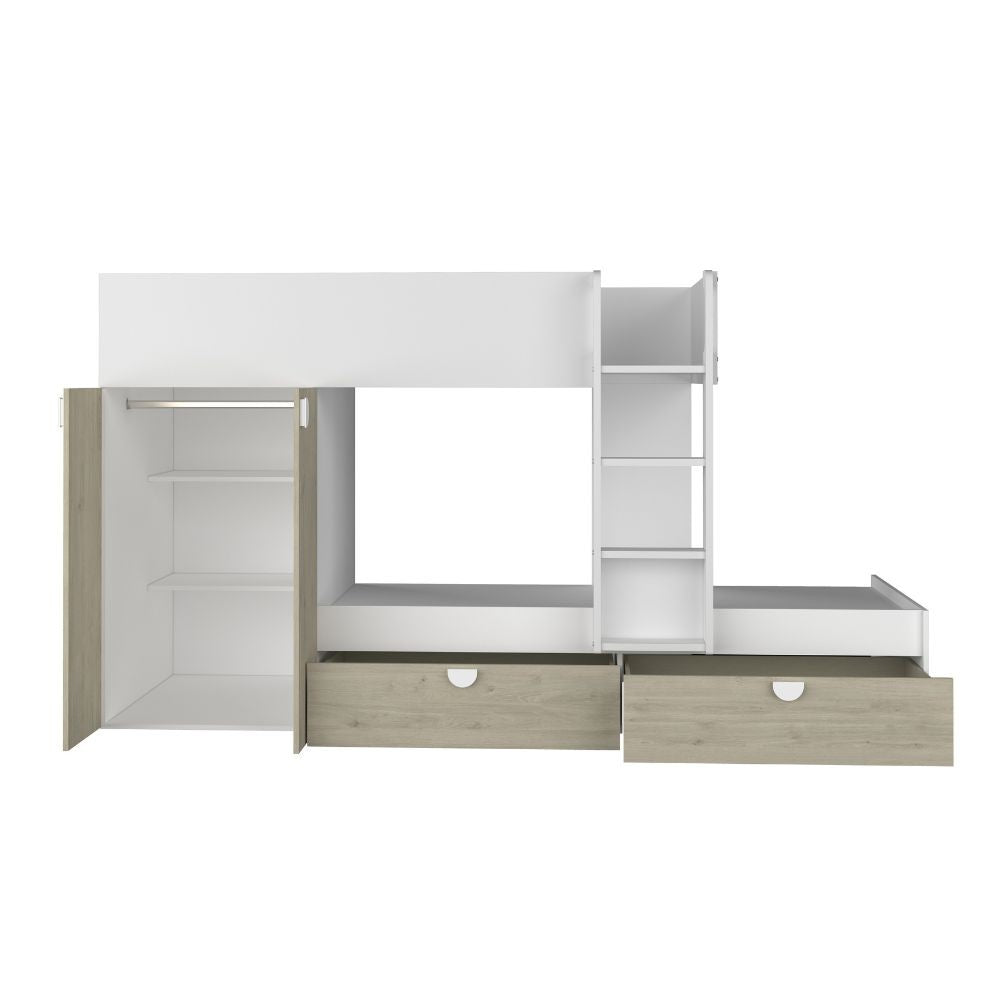 Cameretta con letto a castello con cassettoni e armadio reversibile colore rovere e bianco