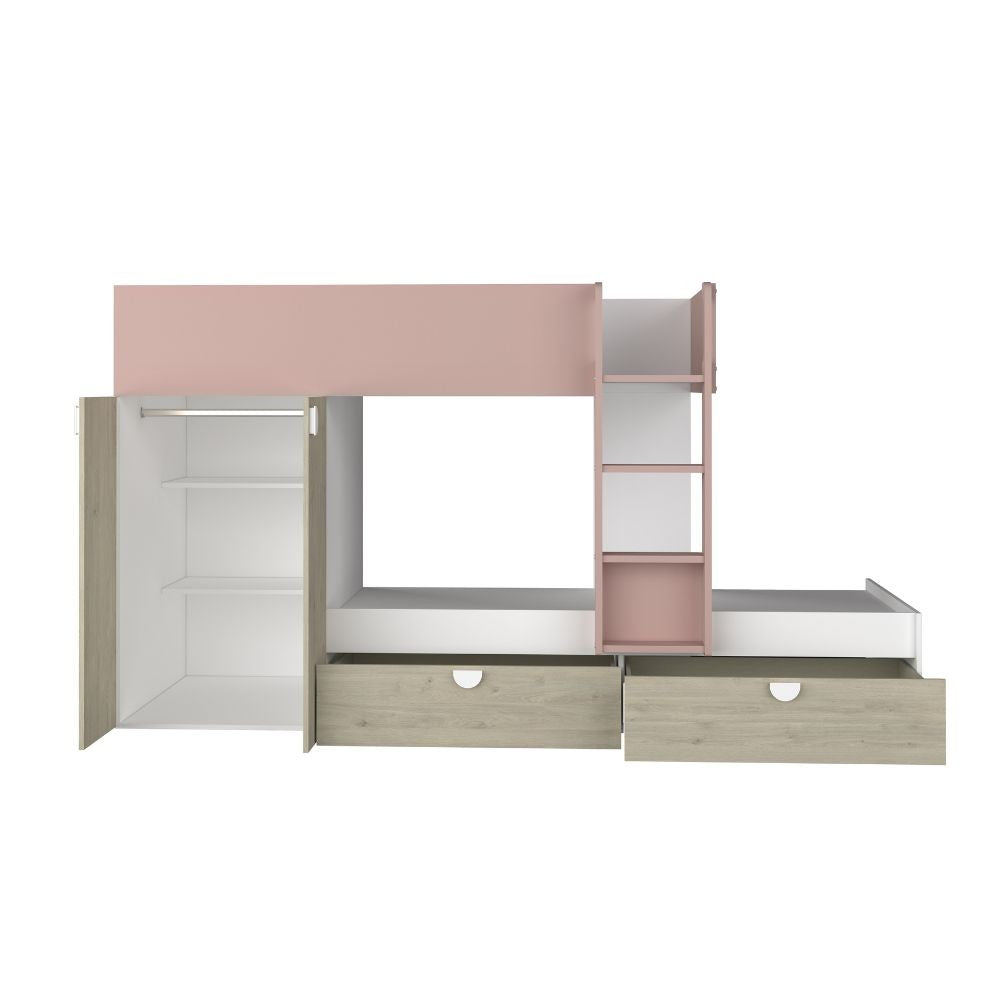 Cameretta con letto a castello con cassettoni e armadio reversibile colore rovere e rosa antico