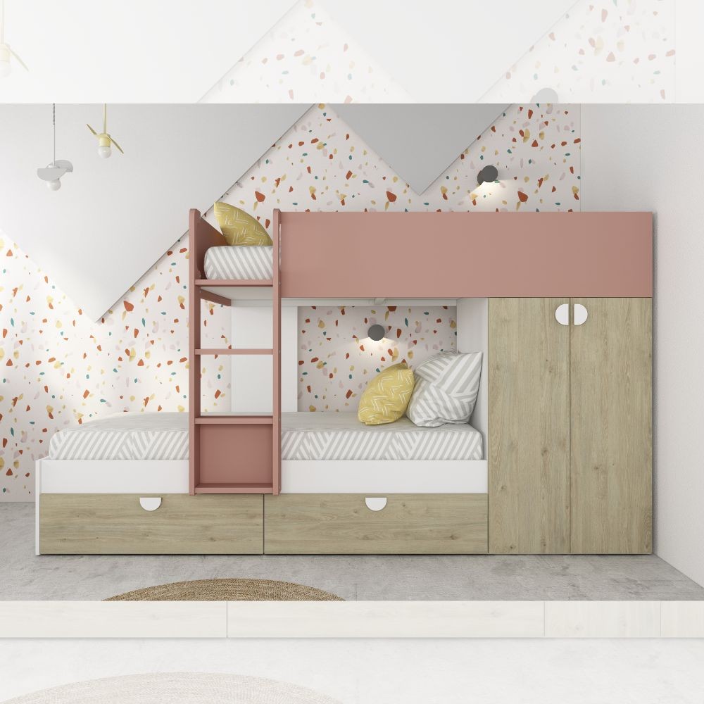 Cameretta con letto a castello con cassettoni e armadio reversibile colore rovere e rosa antico