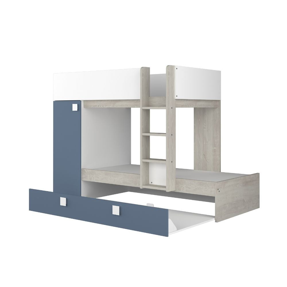 Cameretta con letto a castello e letto estraibile con armadio integrato colore bianco consumato e azzurro reversibile