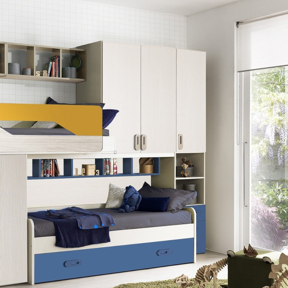 Cameretta soppalco Milly con 3 letti colore  kiri avio giallo