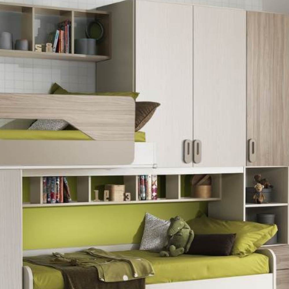 Cameretta soppalco Milly con 3 letti colore talco verde e brown