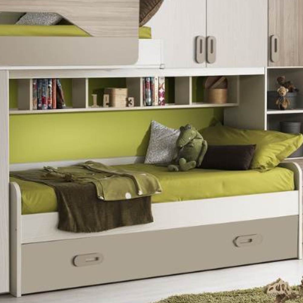 Cameretta soppalco Milly con 3 letti colore talco verde e brown