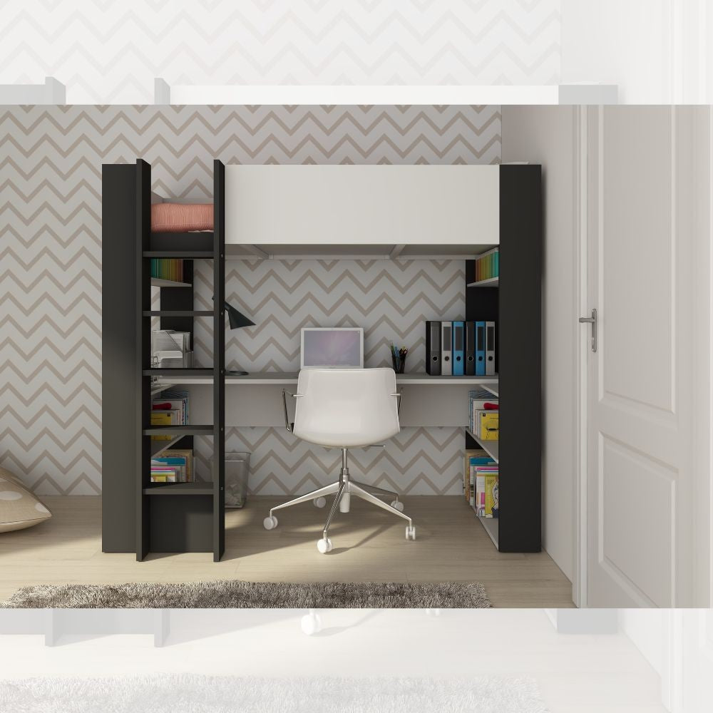 Cameretta 1651 con letto a soppalco e scrivania sottostante colore bianco e antracite