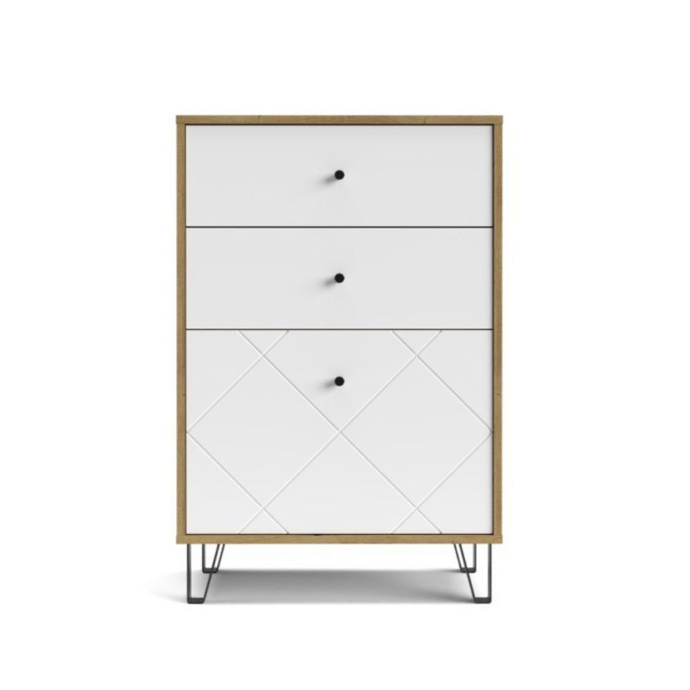 Cassettiera Bollo BO18 2 cassetti e un cassetto con anta a ribalta con dettaglio geometrico colore rovere artisan e bianco