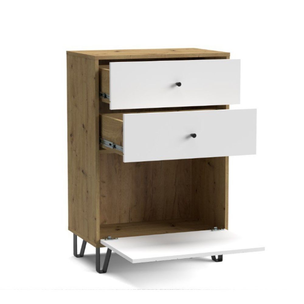 Cassettiera Bollo BO18 2 cassetti e un cassetto con anta a ribalta con dettaglio geometrico colore rovere artisan e bianco