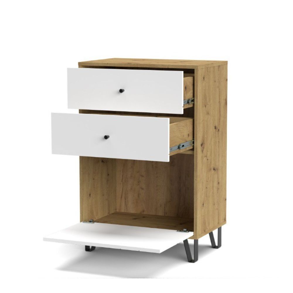 Cassettiera Bollo BO18 2 cassetti e un cassetto con anta a ribalta con dettaglio geometrico colore rovere artisan e bianco