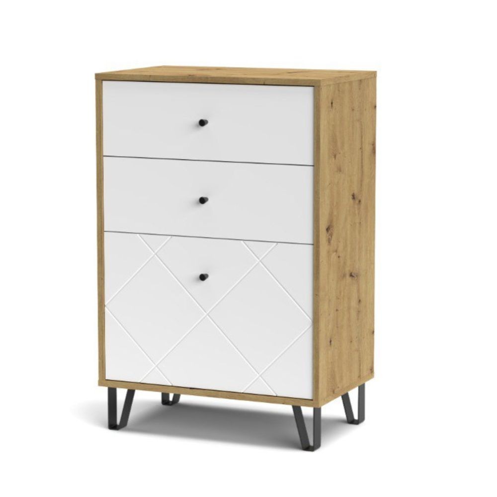 Cassettiera Bollo BO18 2 cassetti e un cassetto con anta a ribalta con dettaglio geometrico colore rovere artisan e bianco