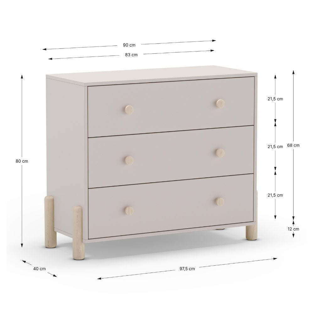 Cassettiera Enola in legno massiccio con 3 cassetti beige e gambe pino