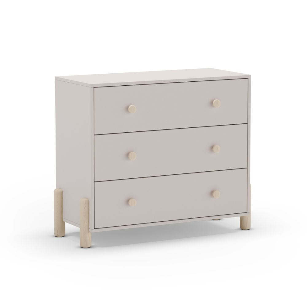 Cassettiera Enola in legno massiccio con 3 cassetti beige e gambe pino