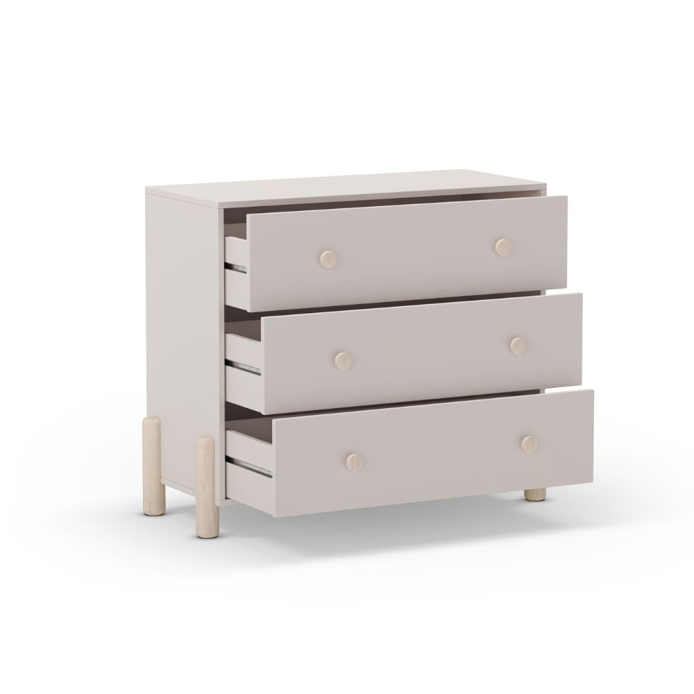 Cassettiera Enola in legno massiccio con 3 cassetti beige e gambe pino