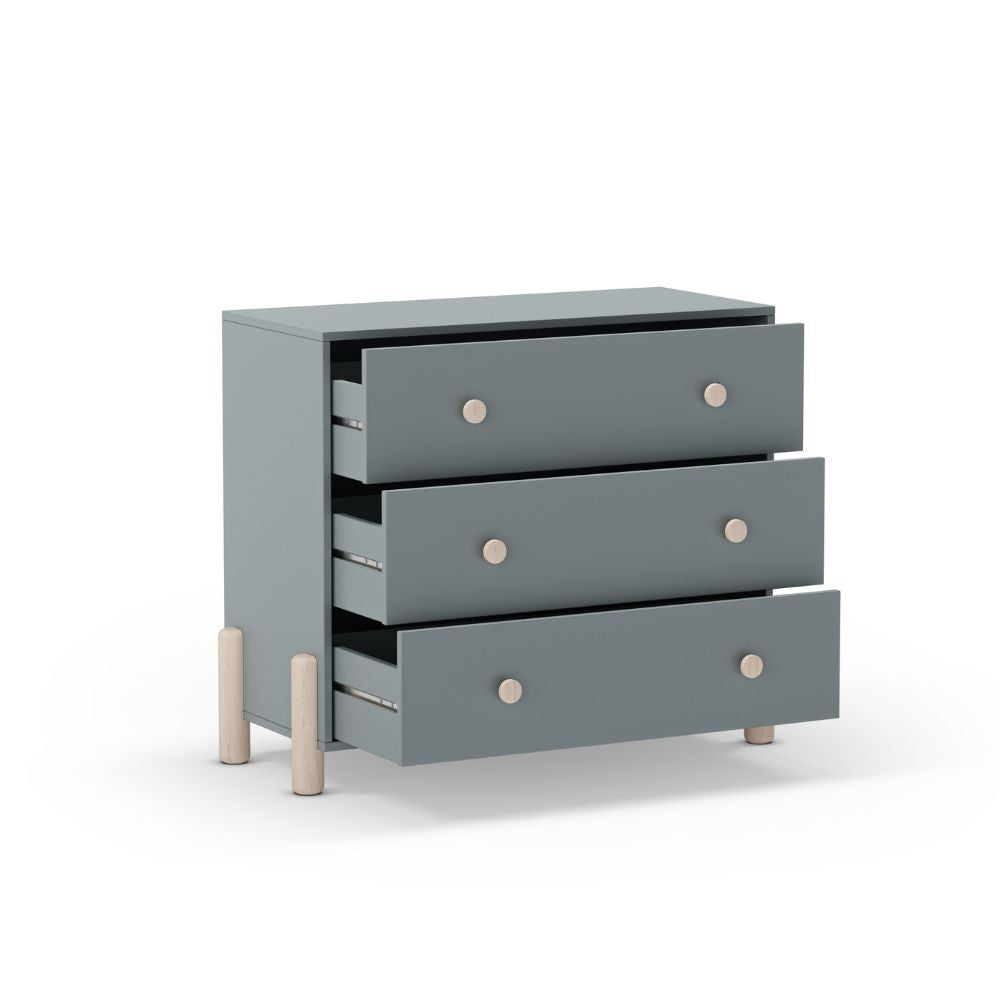 Cassettiera Enola in legno massiccio con 3 cassetti verde cachi e gambe pino