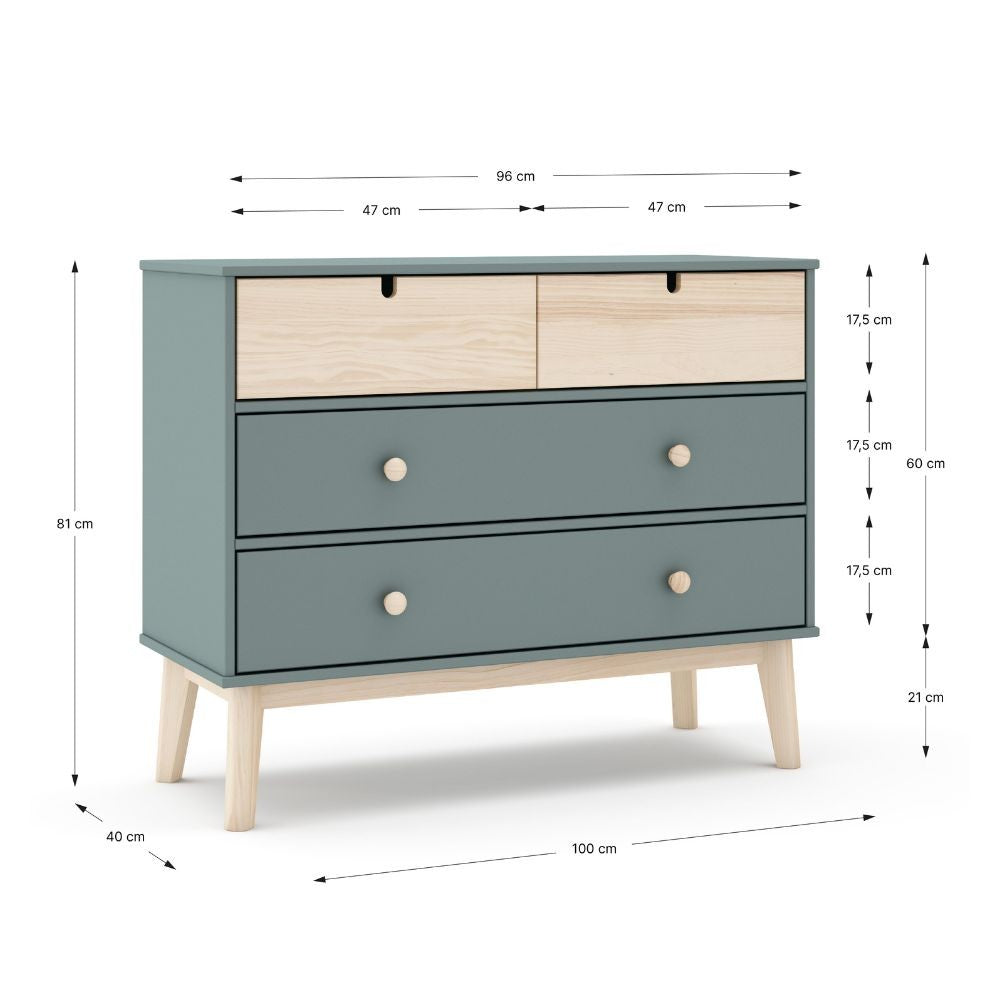 Cassettiera Estefania in legno massiccio con 2 cassetti verde cachi e 2 cassettini pino