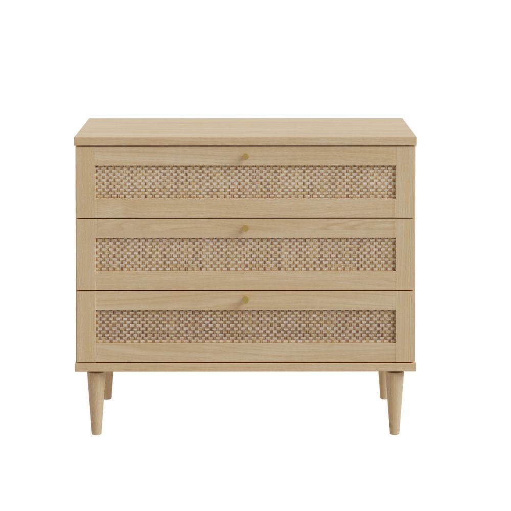 Cassettiera Livia 3 cassetti con dettagli in rattan intrecciato colore rovere