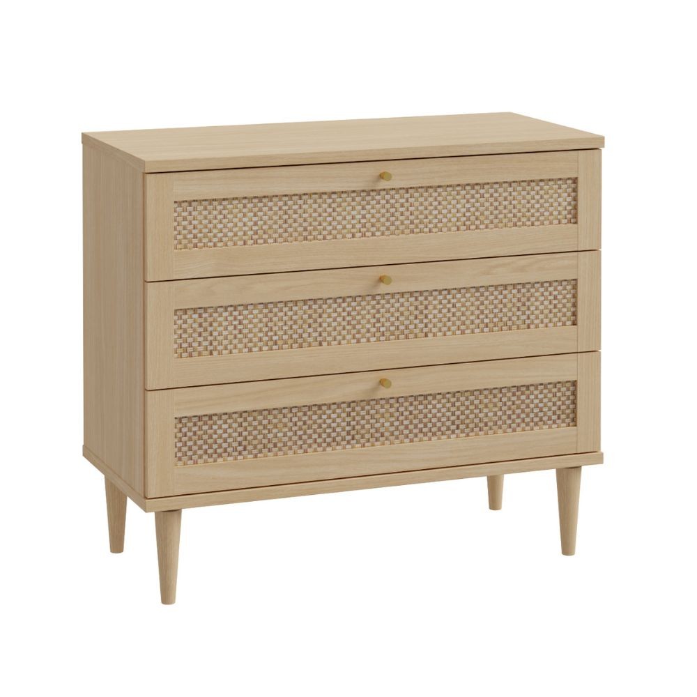 Cassettiera Livia 3 cassetti con dettagli in rattan intrecciato colore rovere