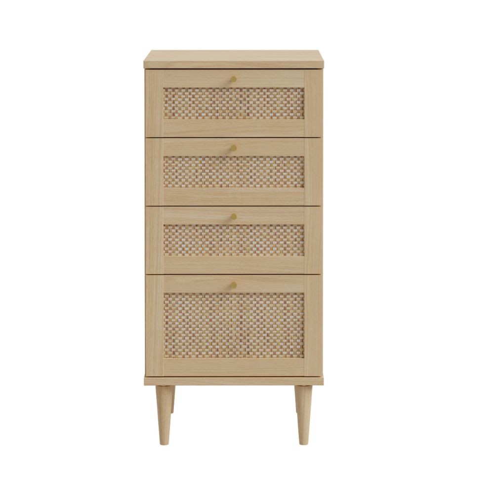 Cassettiera Livia 4 cassetti con dettagli in rattan intrecciato colore rovere