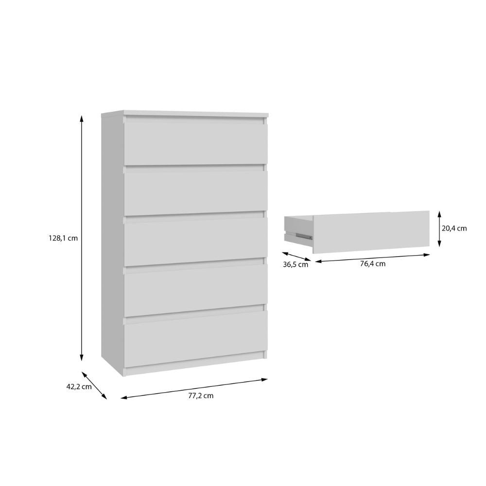 Cassettiera Morgan 5 cassetti 77.2 x 42.2 x H 128.1 cm colore bianco opaco