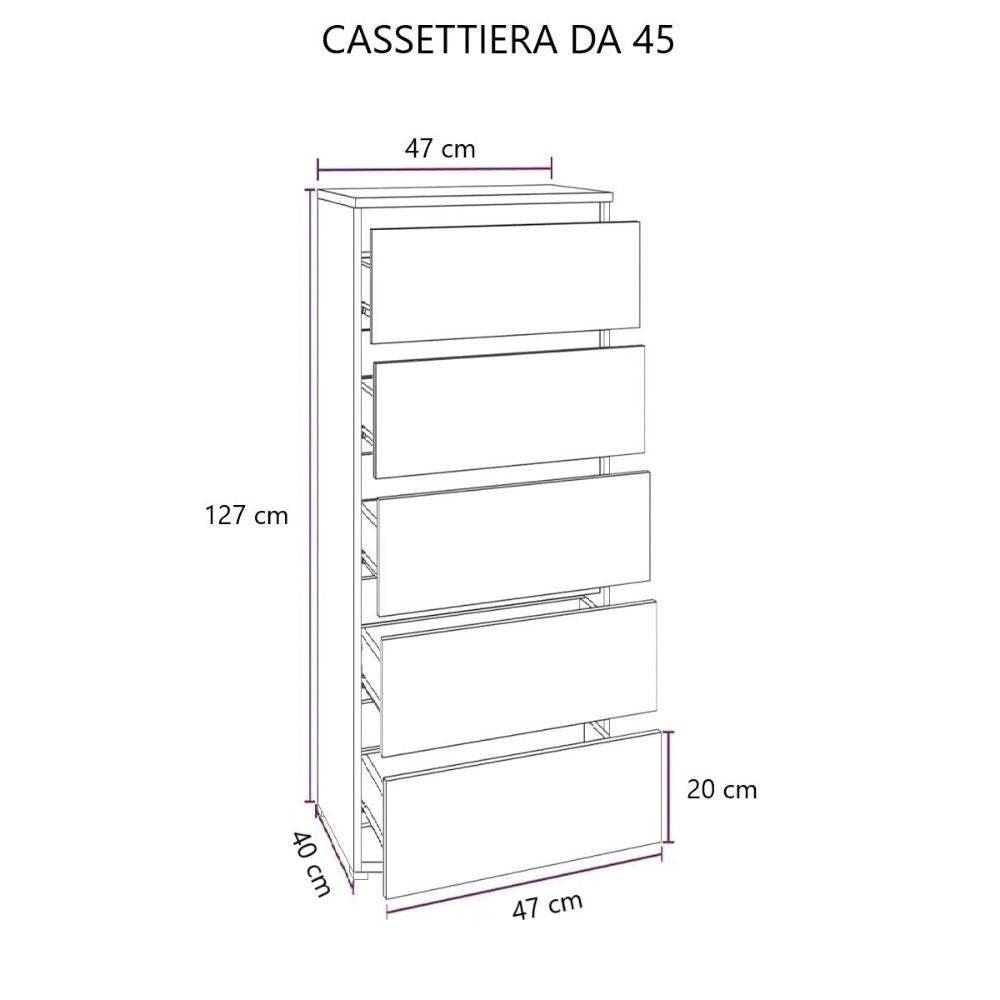 Cassettiera noce naturale 5 cassetti 47x40x127H