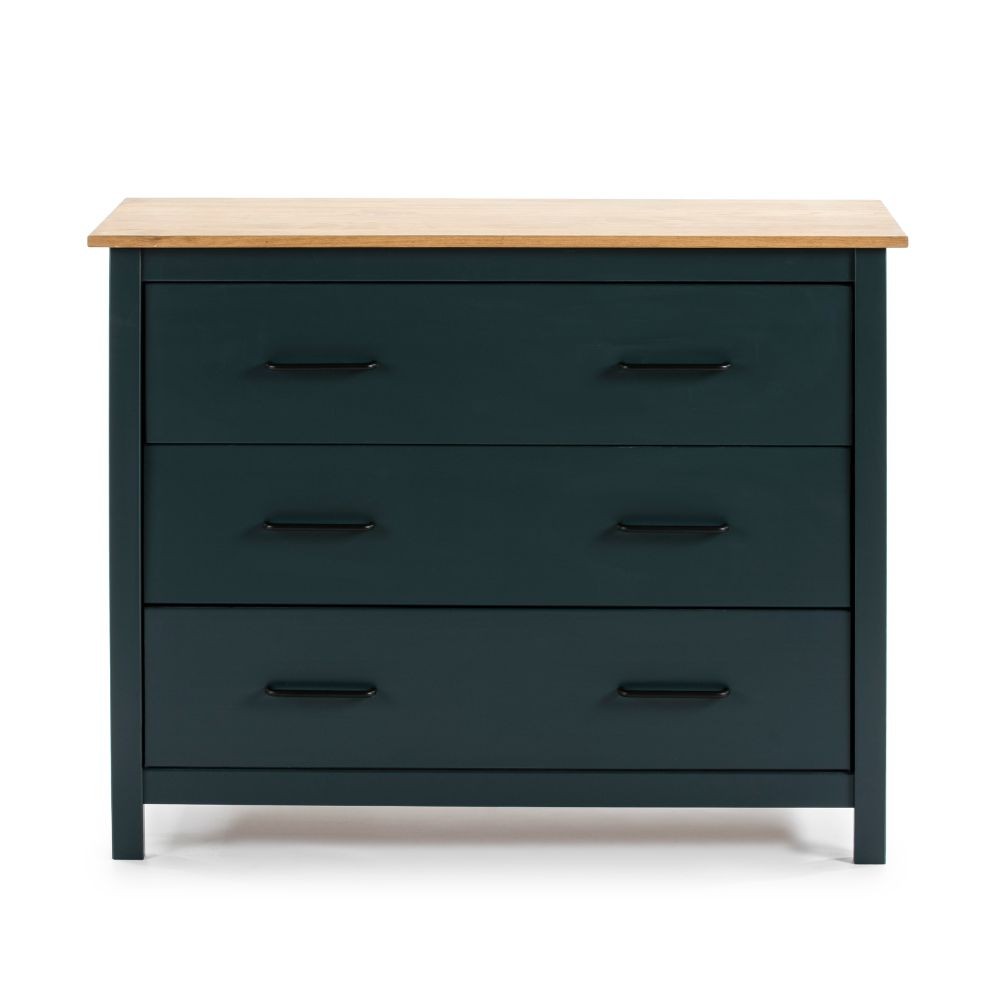 Comò Miranda 3 cassetti in legno massiccio blu e top pino