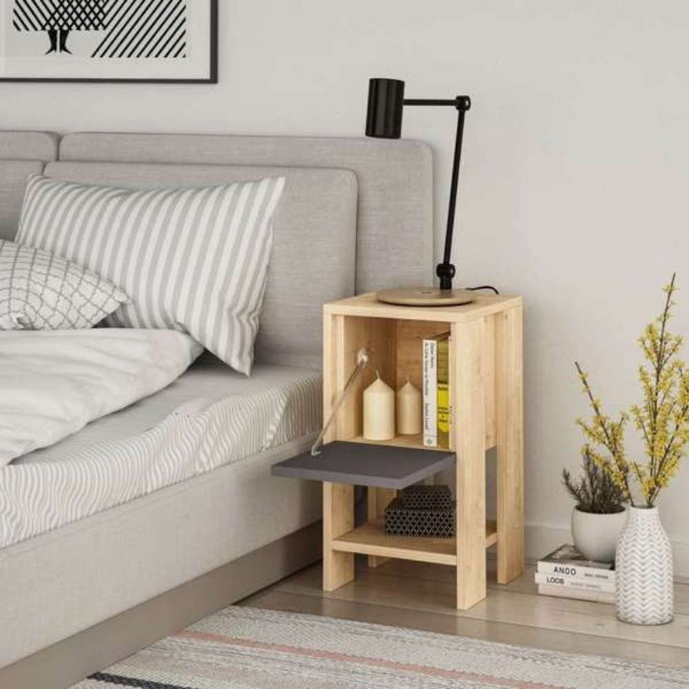Comodino Ema rovere e antracite anta ribalta 30x30x55h