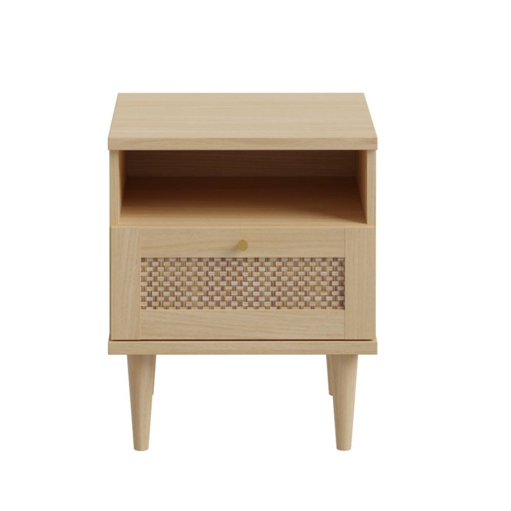 Comodino Livia 1 cassetto con dettaglio in rattan intrecciato e nicchia a giorno colore rovere