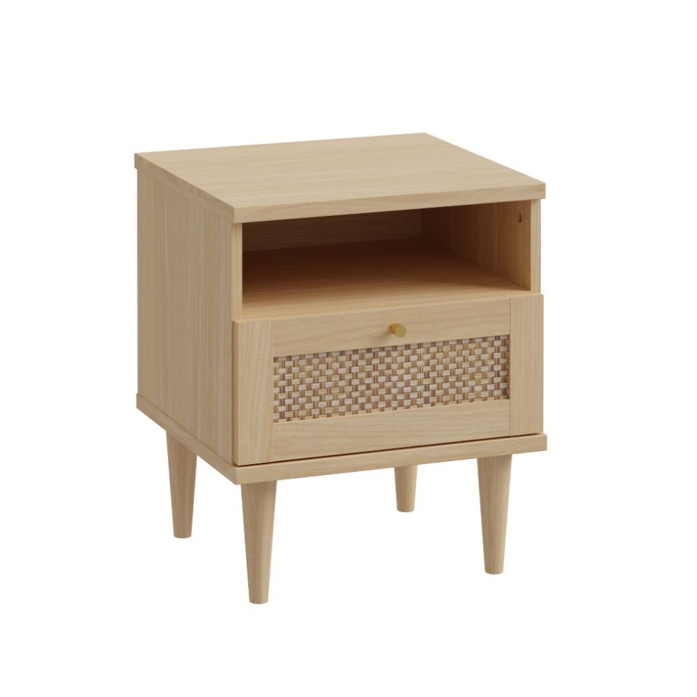 Comodino Livia 1 cassetto con dettaglio in rattan intrecciato e nicchia a giorno colore rovere