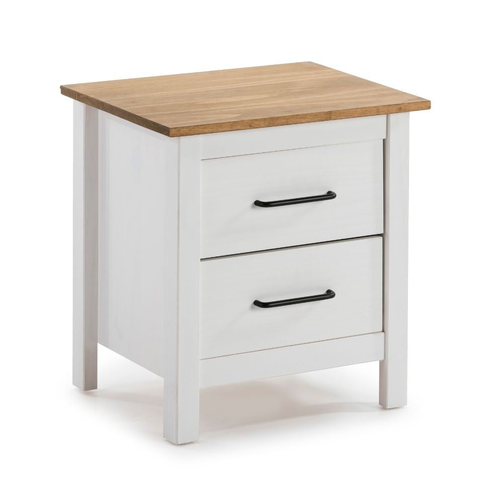 Comodino Miranda 2 cassetti in legno massiccio bianco e top pino