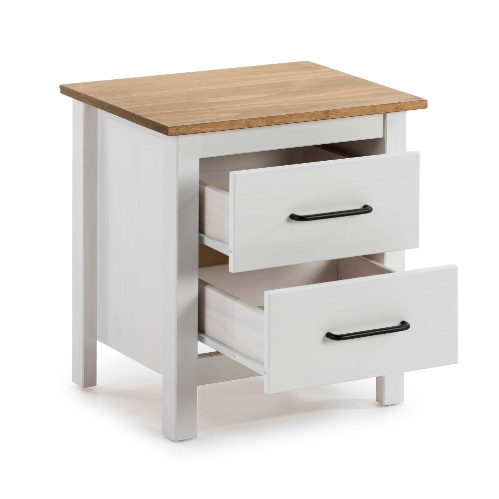 Comodino Miranda 2 cassetti in legno massiccio bianco e top pino