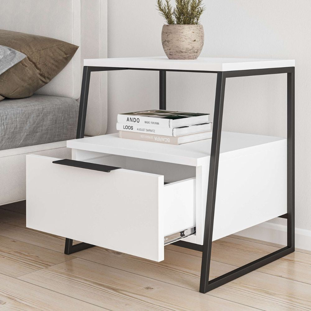 Comodino Pal con struttura bianca e gambe in metallo nero