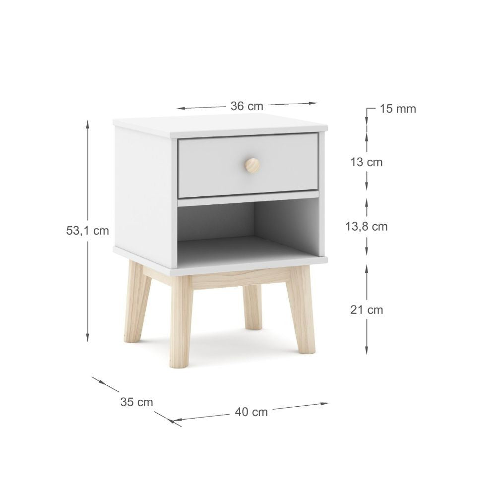 Comodino per cameretta Esteban 1 cassetto in legno massiccio colore bianco