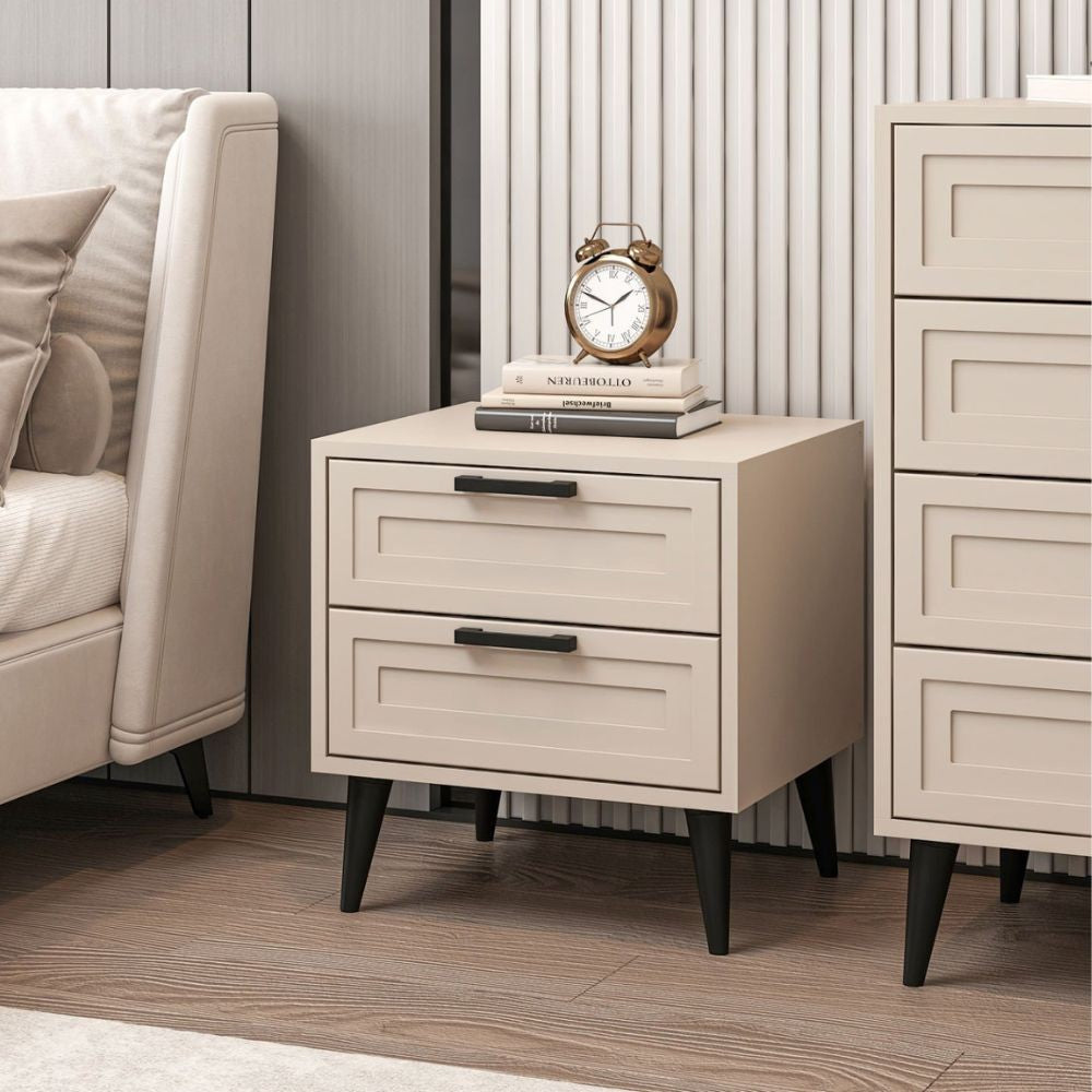 Comodino Prime con 2 cassetti colore cashmere con maniglie e piedini neri