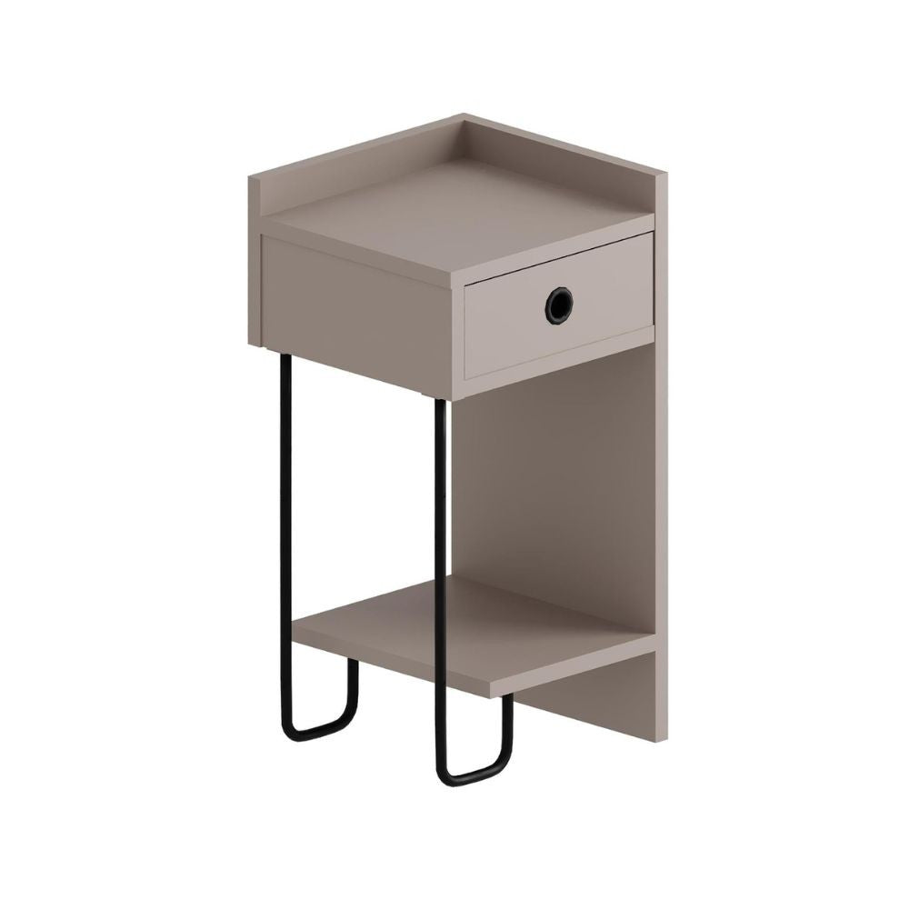 Comodino Sirius con cassetto tortora e gamba in metallo nero destro