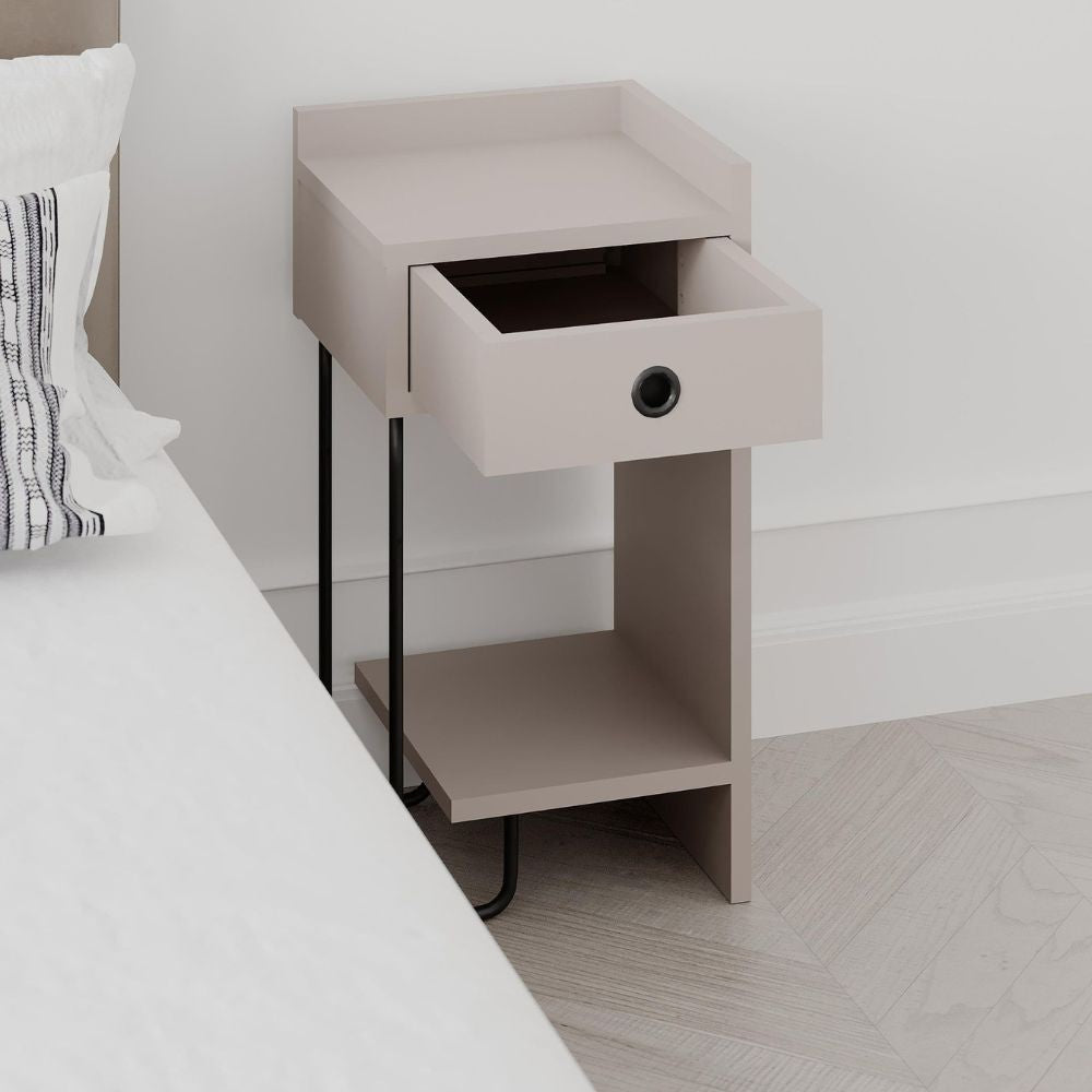 Comodino Sirius con cassetto tortora e gamba in metallo nero destro