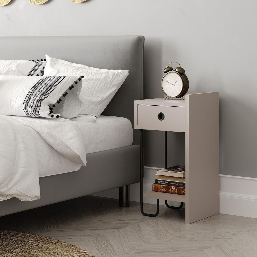 Comodino Sirius con cassetto tortora e gamba in metallo nero destro