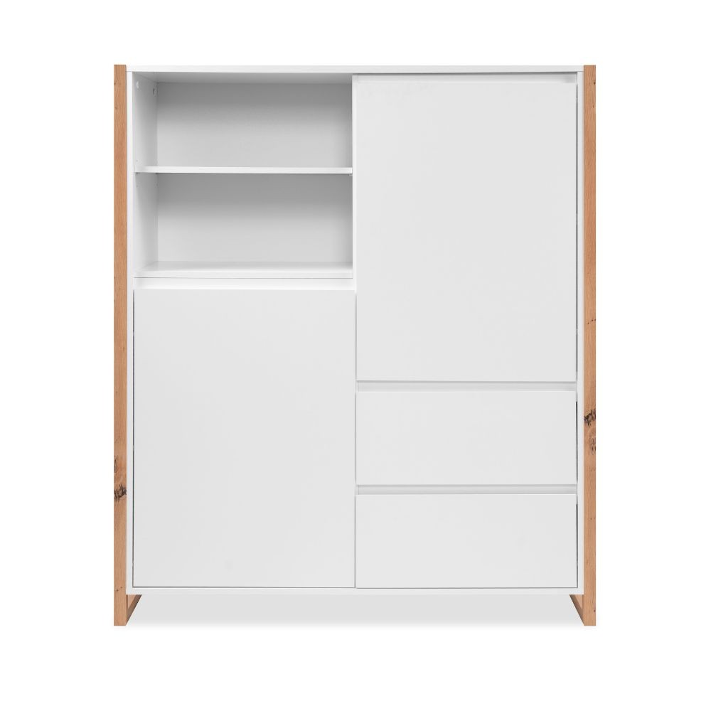 Credenza alta New Denver51 con vani a giorno due ante e due cassetti colore bianco e rovere