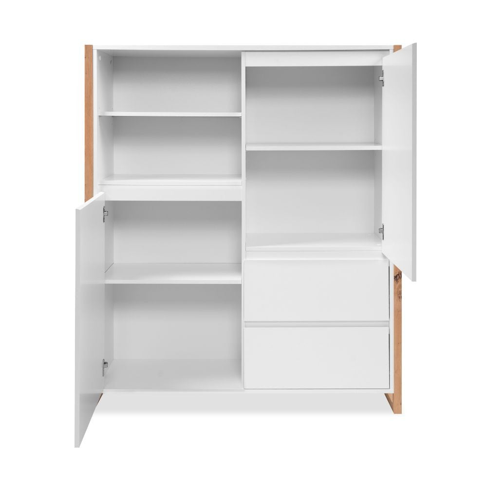 Credenza alta New Denver51 con vani a giorno due ante e due cassetti colore bianco e rovere