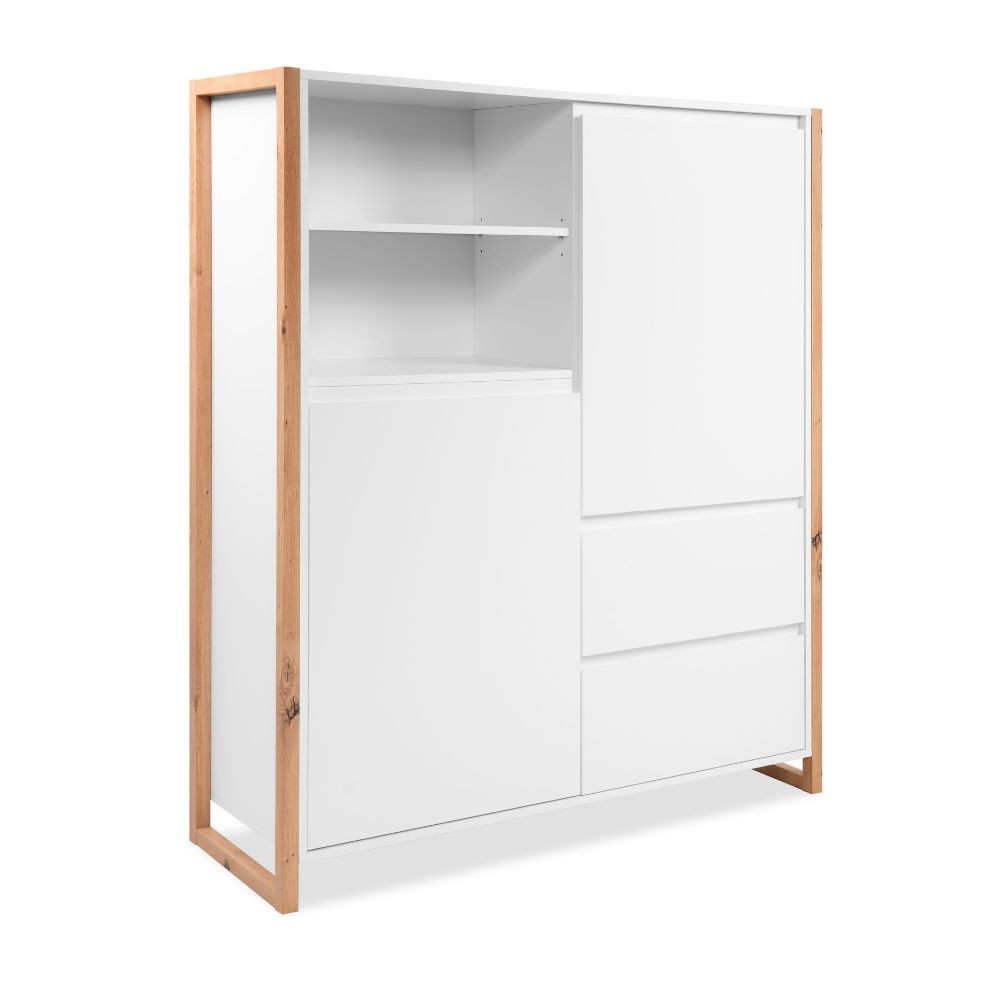Credenza alta New Denver51 con vani a giorno due ante e due cassetti colore bianco e rovere