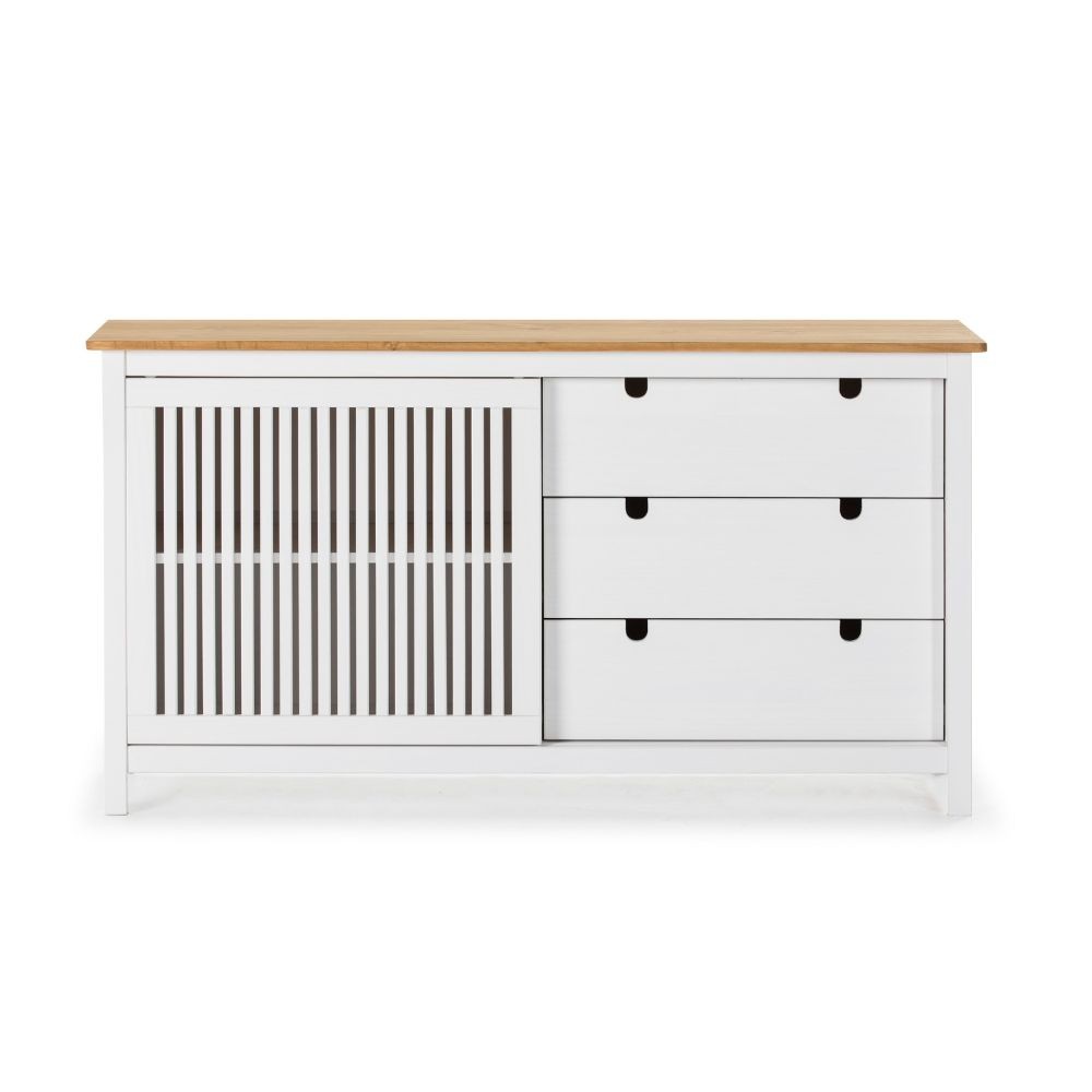 Credenza Bruna con 1 anta scorrevole e 3 cassetti in legno massiccio colore bianco e top pino