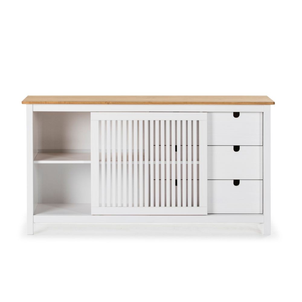 Credenza Bruna con 1 anta scorrevole e 3 cassetti in legno massiccio colore bianco e top pino