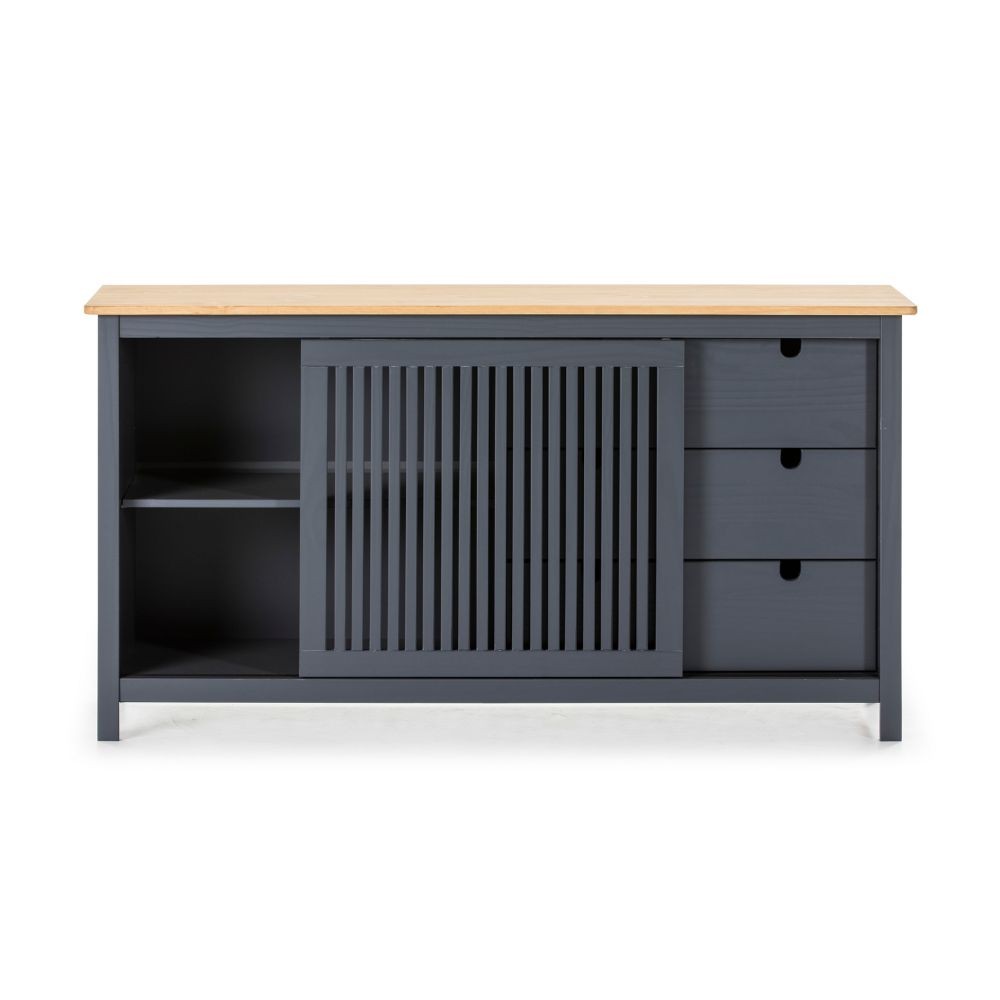 Credenza Bruna con 1 anta scorrevole e 3 cassetti  in legno massiccio colore grigio antracite e top pino