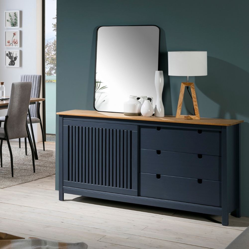 Credenza Bruna con 1 anta scorrevole e 3 cassetti  in legno massiccio colore grigio antracite e top pino