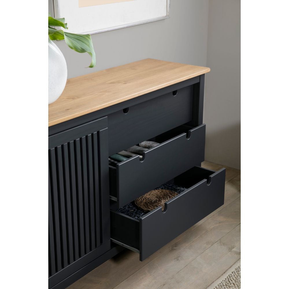 Credenza Bruna con 1 anta scorrevole e 3 cassetti  in legno massiccio colore grigio antracite e top pino